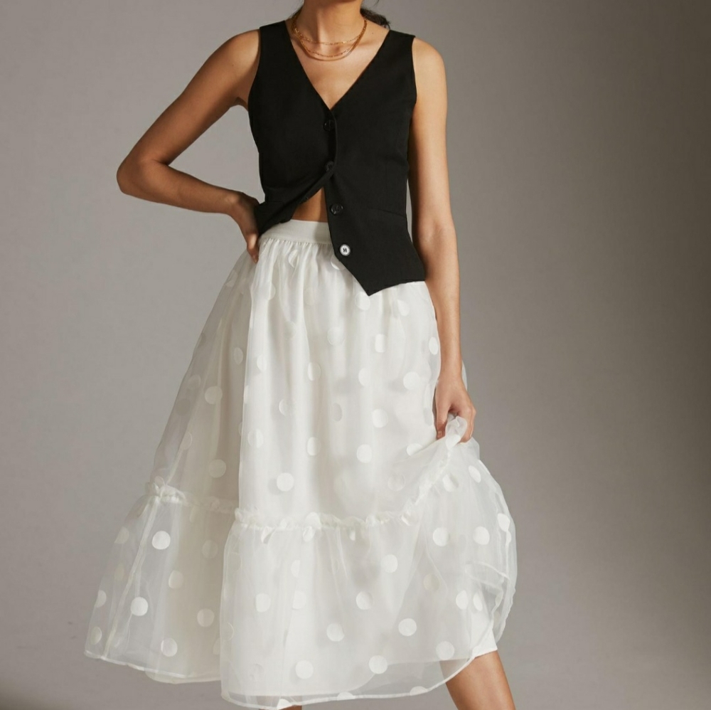 Anthropologie Eva Franco layered Full Polka-dot Tulle midi skirt Med white NWT